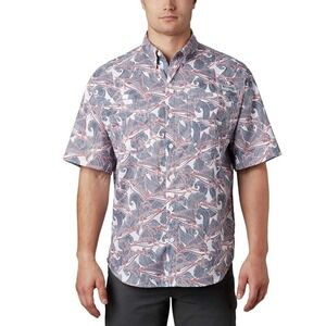 Columbia PFG Super Tamiami Shirt Mens Small UPF 40 White Fish Wave Gorpcore